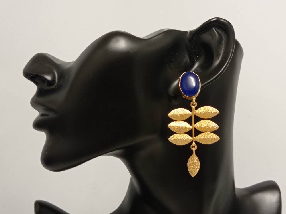 Blue Agate Leaf Earrings – Gold Plated Botanical Statement Jewelry