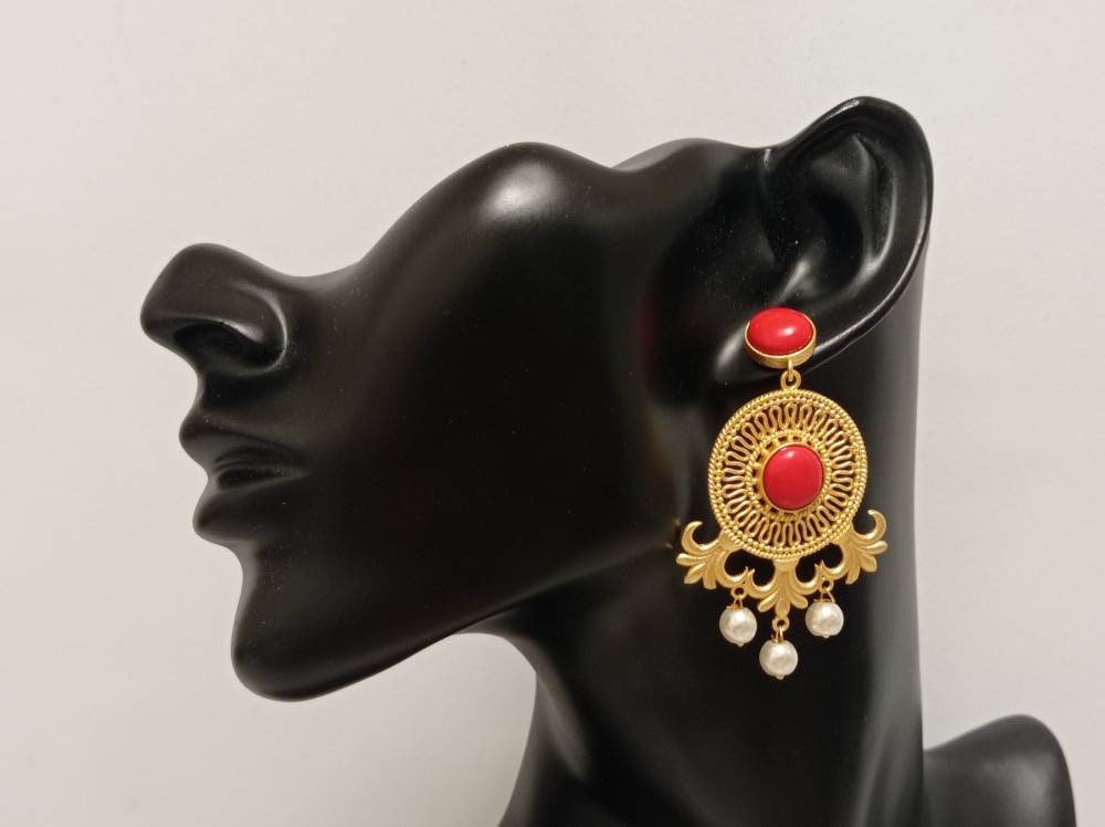 Red Coral Lotus Chandelier Earrings with Tiny Pearls, Geometric Dangle Studs