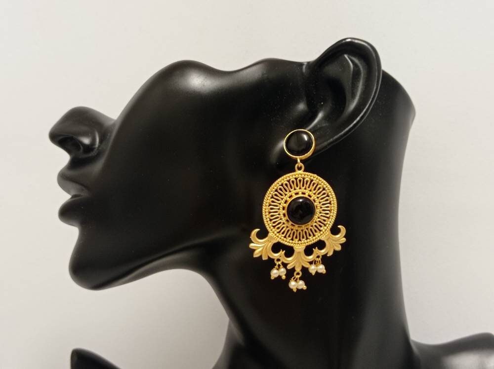 Gold Filigree Lotus Earrings with Black Onyx | Elegant Statement Pearl Jewelry | Gift for Her