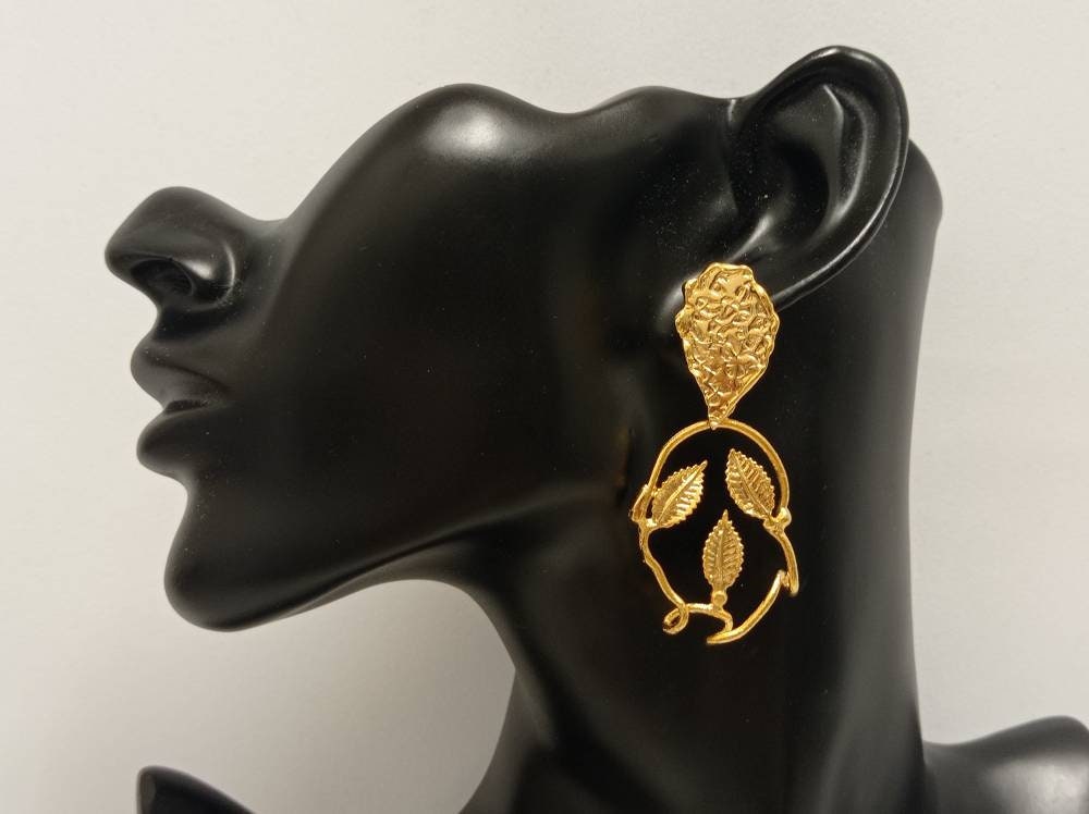 Gold Plated Teardrop Dangle Earrings, Turkish Leaves Chandelier Earrings