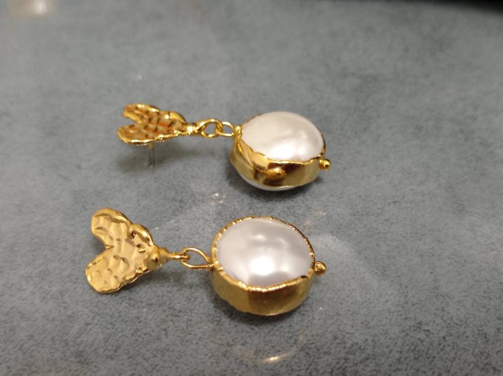 Gold Plated Heart & Pearl Dangle Earrings, Turkish Jewelry