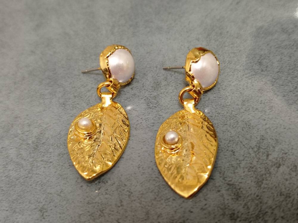 Gold Plated Leaf Dangle Earrings with Pearl Studs – Hypoallergenic Turkish Jewelry