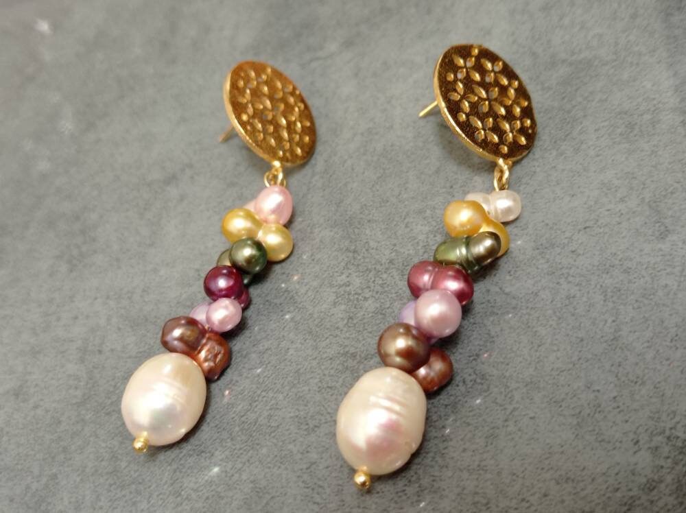 Gold Plated Brass Dangle Earrings with Multicolour Pearls