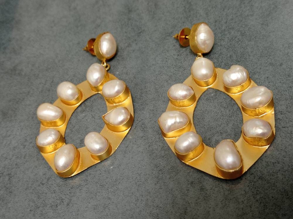 Gold Plated Pearl Hoop Earrings, Stud Dangle, Handmade