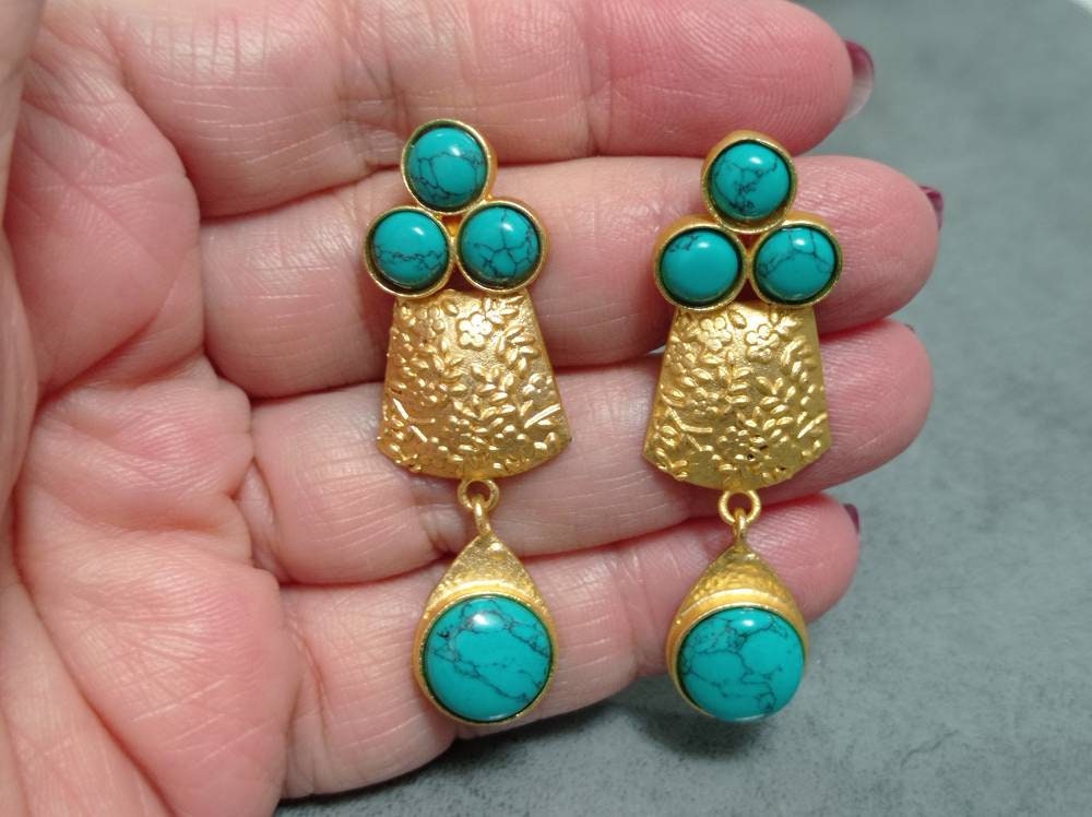 Blue Howlite Daisy Earrings, Gold Plated Geometric Dangle Earrings, Statement Floral Jewelry