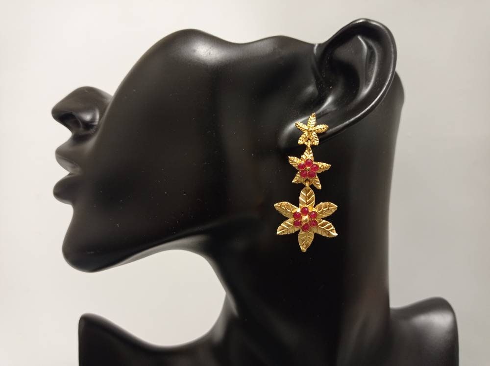Gold Plated Flower Earrings with Bougainville Jade – Oriental Ottoman Dangle Studs