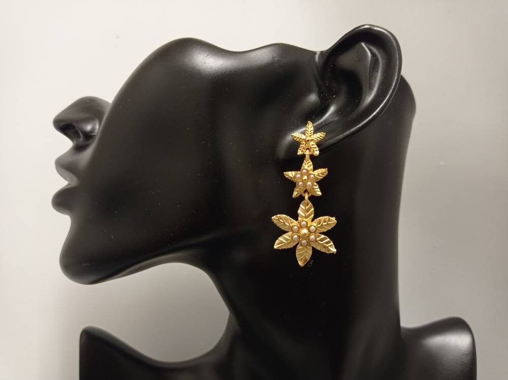 Gold Plated Ottoman Flower Earrings with Pearls – Dangle Stud Styles