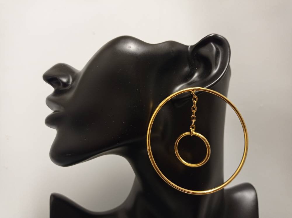 Gold Plated Double Circle Hoop Earrings, Geometric Dangle Earrings