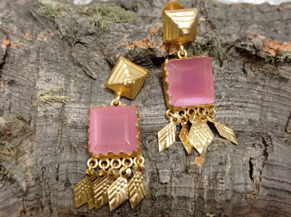 Art Deco Pink Cat Eye Chandelier Earrings, Gold Plated Brass, Hypoallergenic