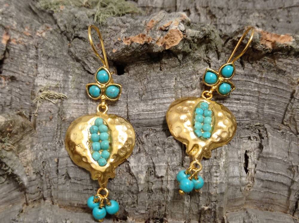Pomegranate Earrings with Blue Howlite, Boho Ottoman Dangle Jewelry - Hypoallergenic, Gift Packaging Included, Lightweight
