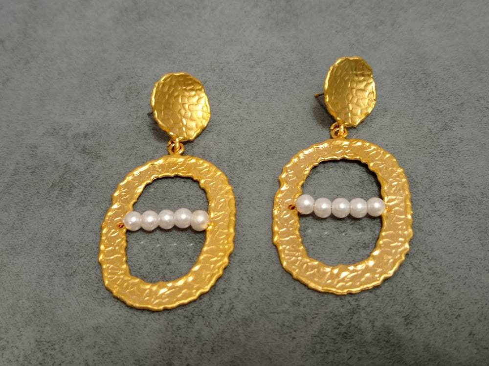 Hammered Oval Earrings, Matte Gold Plated, Pearl Statement Jewelry