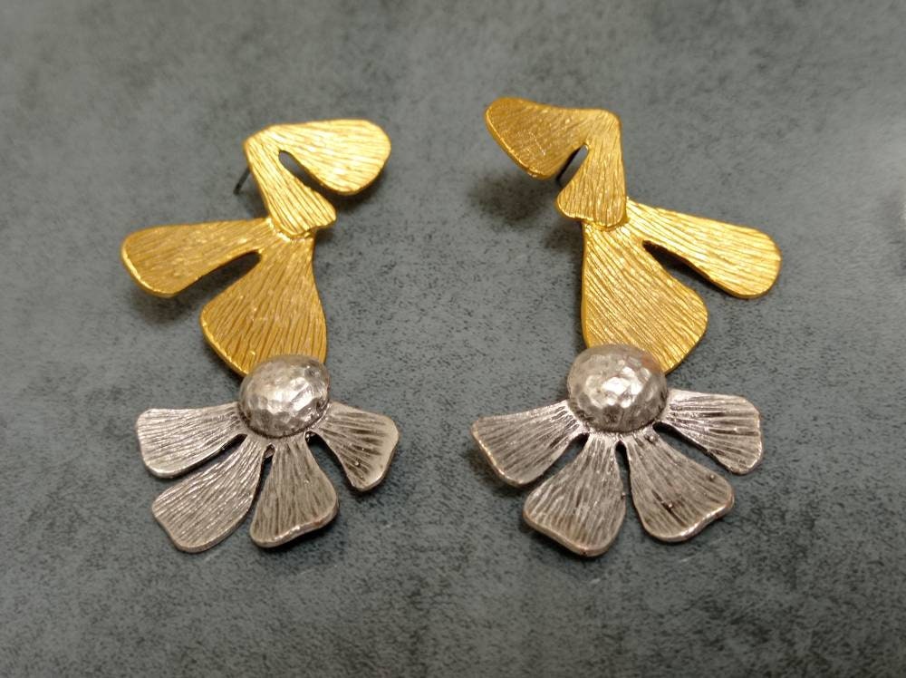 Two Tone Hammered Daisy Earrings, Matte Gold & Silver Plated Brass, Turkish Statement Earrings