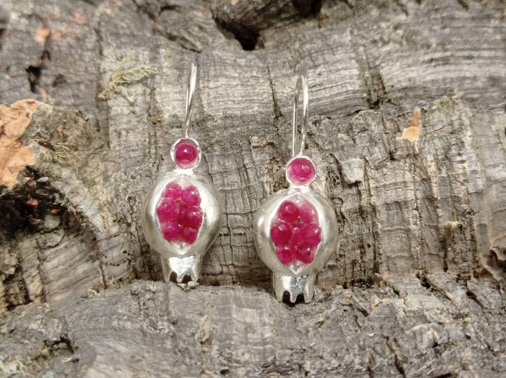 Pomegranate Seed Earrings: Ruby Jade Bronze Silver Plated Boho Chic Style