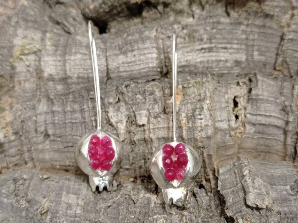 Pomegranate Ruby Jade Earrings: Boho Silver Plated Abundance Jewelry