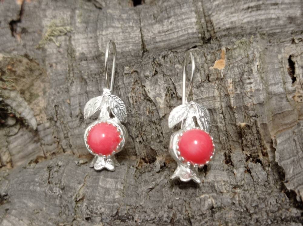Bronze Silver Plated Pomegranate Earrings with Coral Hook – Greek Mythology Boho Chic Jewelry