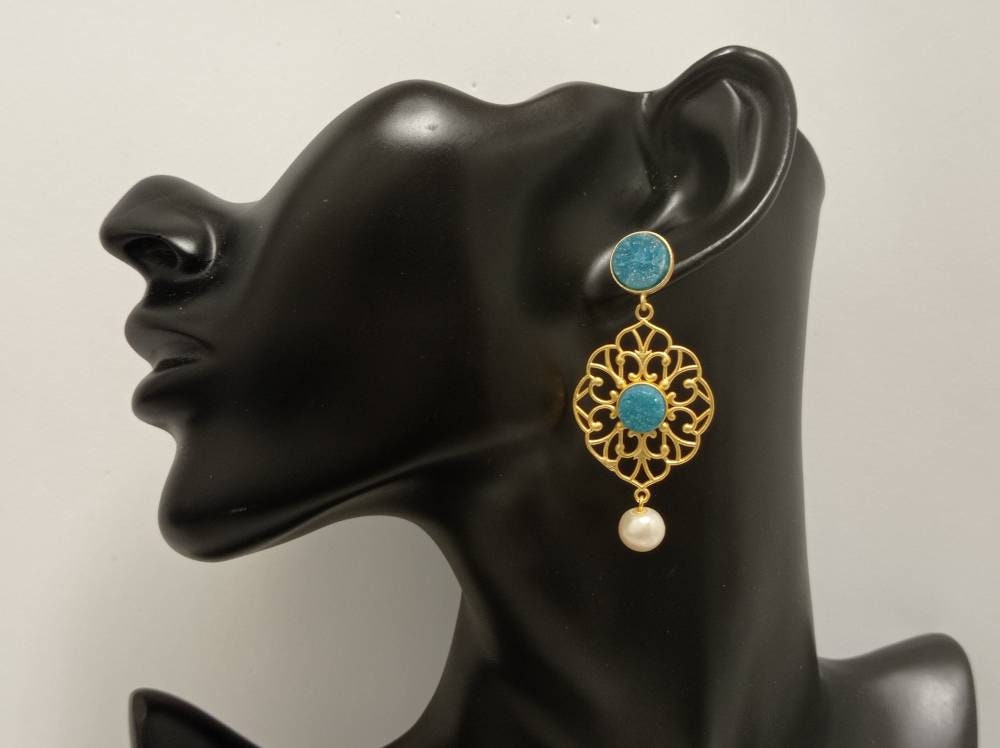 Blue Druzy Pearl Chandelier Earrings – Artisan Dangle Studs, Hypoallergenic
