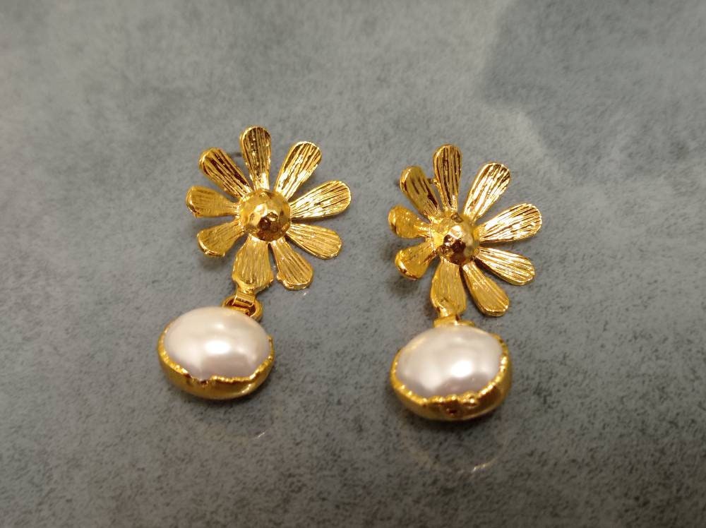 Gold Plated Daisy Earrings, Pearl Dangle, Handmade Flower Jewelry