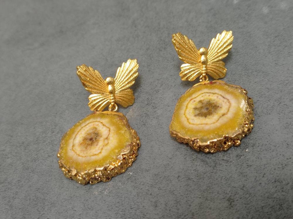 Gold Plated Brass Butterfly Quartz Earrings – Solar Gemstone Dangle Jewelry