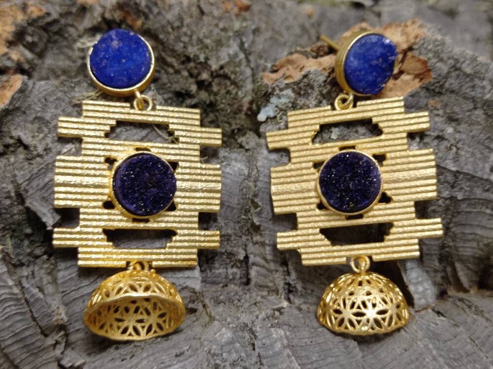 Hammered Gold Plated Jhumka Earrings – Blue Purple Druzy Chandelier Dangles