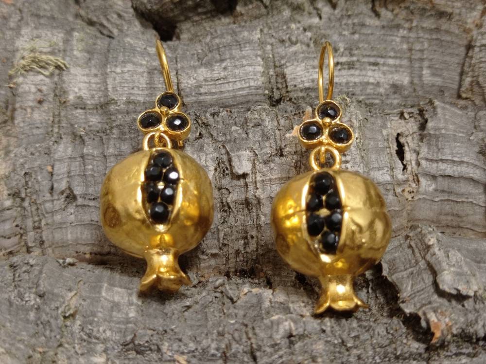 Gold Plated Pomegranate Earrings with Black Onyx – Boho Chic Style, Hypoallergenic