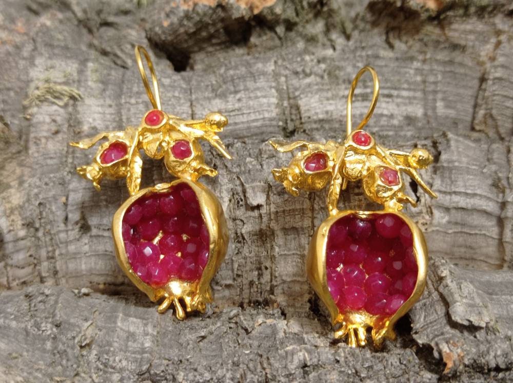Gold Plated Ruby Jade Pomegranate Earrings, Boho Chic, Greek Mythology Inspired, Hypoallergenic