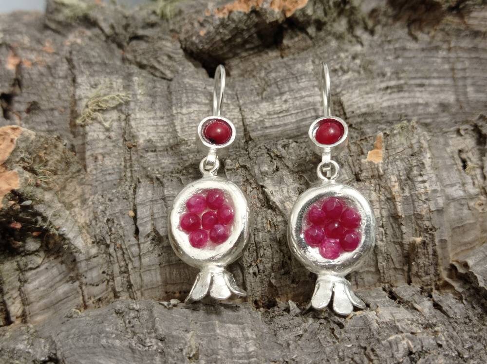 Silver Plated Pomegranate Earrings: Ruby Jade Boho Dangle Greek Mythology Symbolism