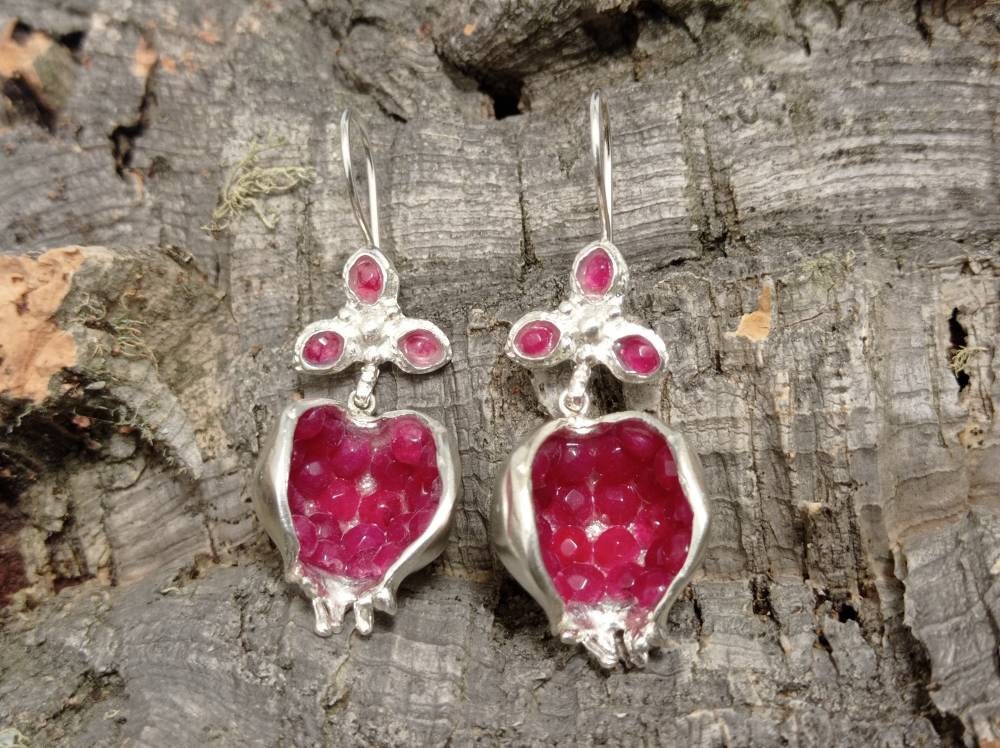 Ruby Jade Pomegranate Earrings – Bronze Silver Plated Boho Oriental Design