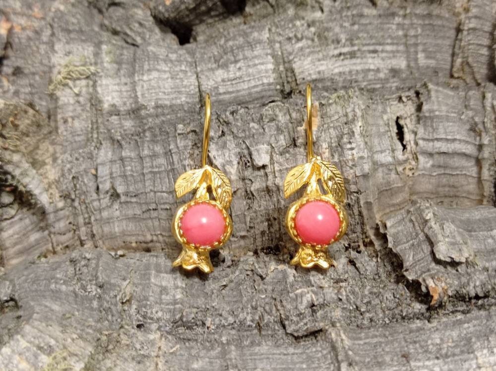 Gold Plated Bronze Pomegranate Earrings – Boho Chic Style, Hypoallergenic Snake Hook