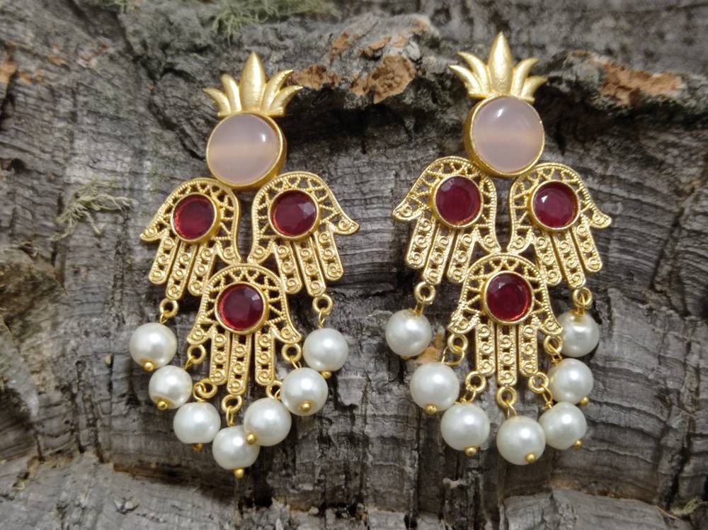 Pink Quartz Iolite Pearl Hamsa Lotus Chandelier Earrings – Gold Plated Dangles