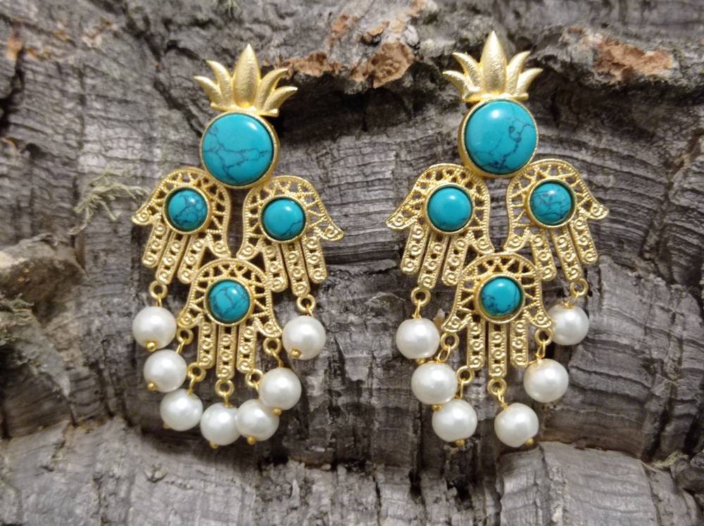 Gold Plated Hamsa Earrings: Blue Howlite, Pearl Chandelier Earrings
