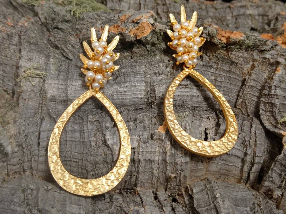 Gold Plated Brass Pineapple Drop Earrings with Pearls – Hypoallergenic Daily Wear Jewelry