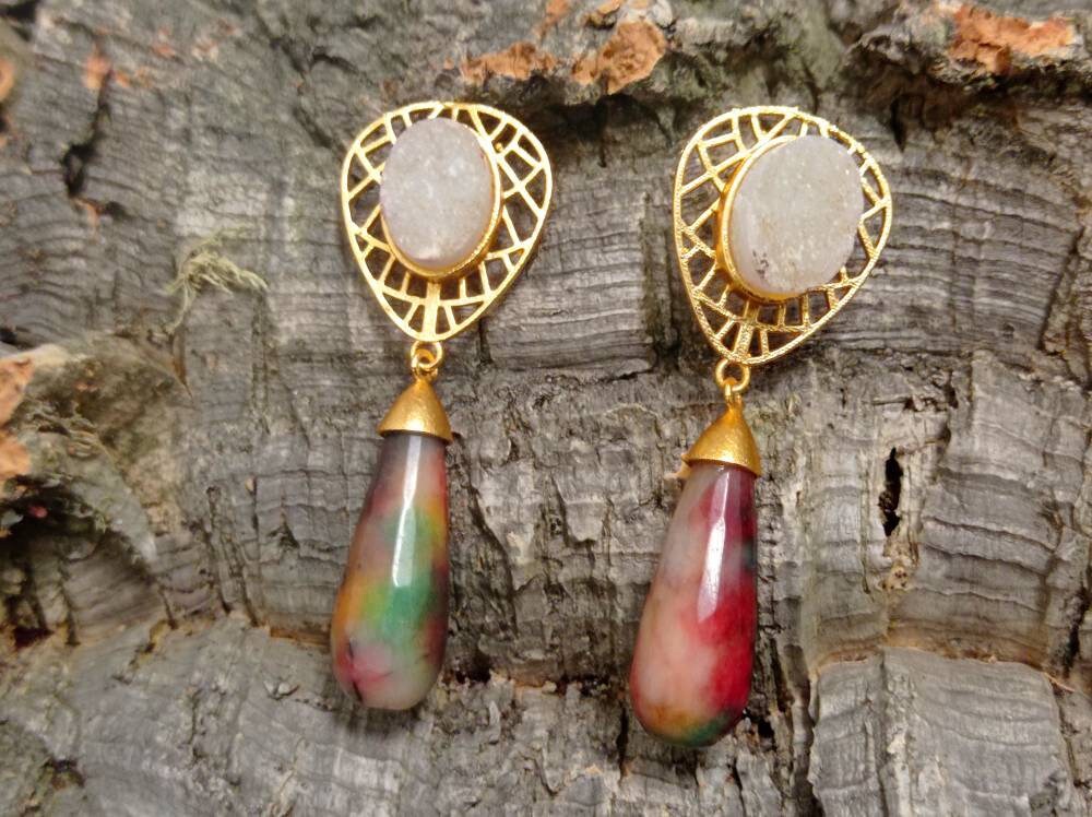 Gold Plated Brass Earrings with Ruby Zoisite and White Druzy – Statement Handmade Jewelry