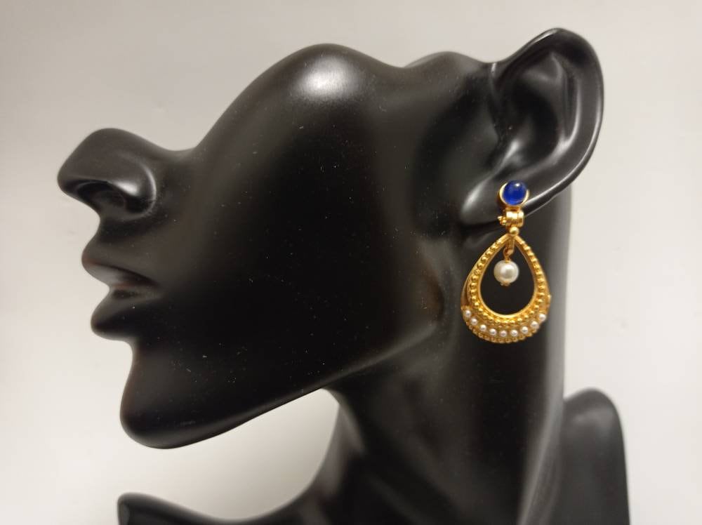 Sophisticated Blue Agate & Pearl Teardrop Hoop Earrings - Gold-Plated Brass Turkish-Inspired Design - Hypoallergenic - Lightweight - Gift