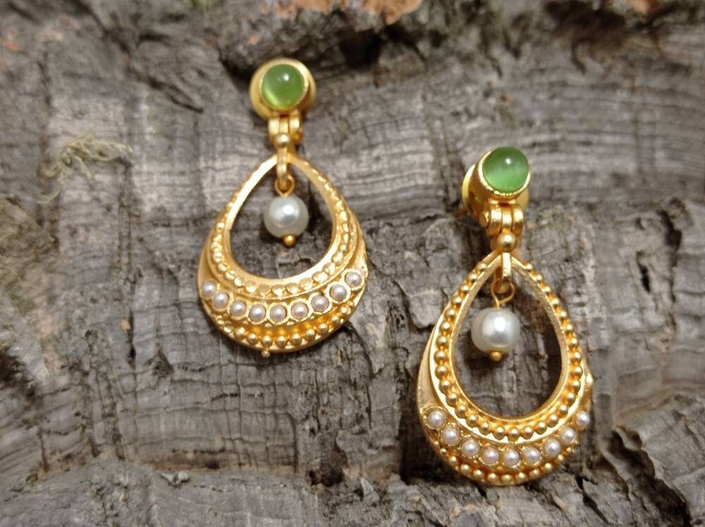 Green Agate Pearl Dangle Hoop Earrings – Gold Plated Brass, Turkish Style