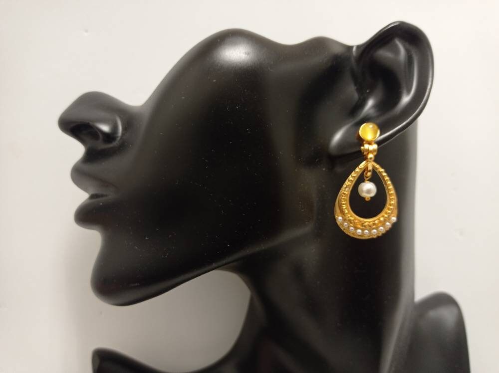 Gold-Plated Turkish Hoop Earrings with Yellow Agate and Pearls