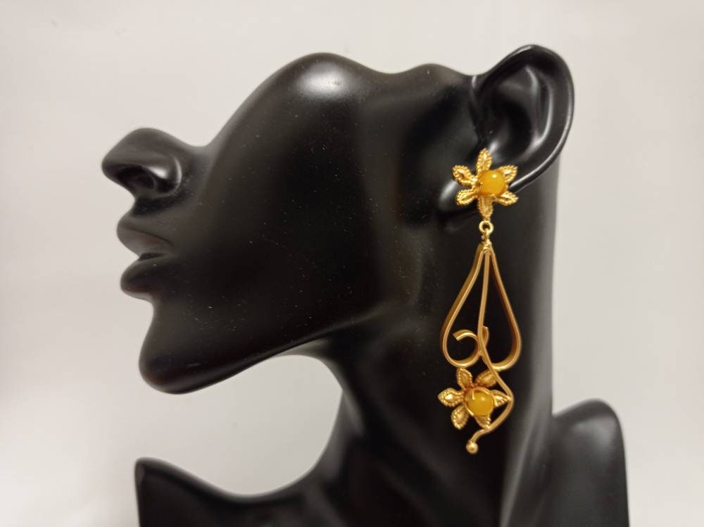 Gold Plated Daisy Dangle Earrings with Yellow Agate, Hypoallergenic Handmade Jewelry