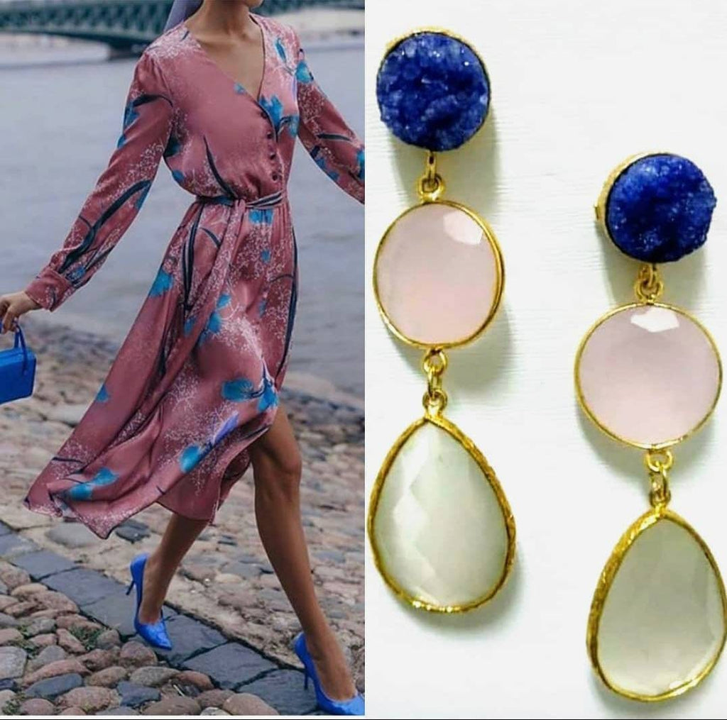 Gold Plated Gemstone Dangle Earrings, Blue Druzy, Rose Quartz, Cat Eye