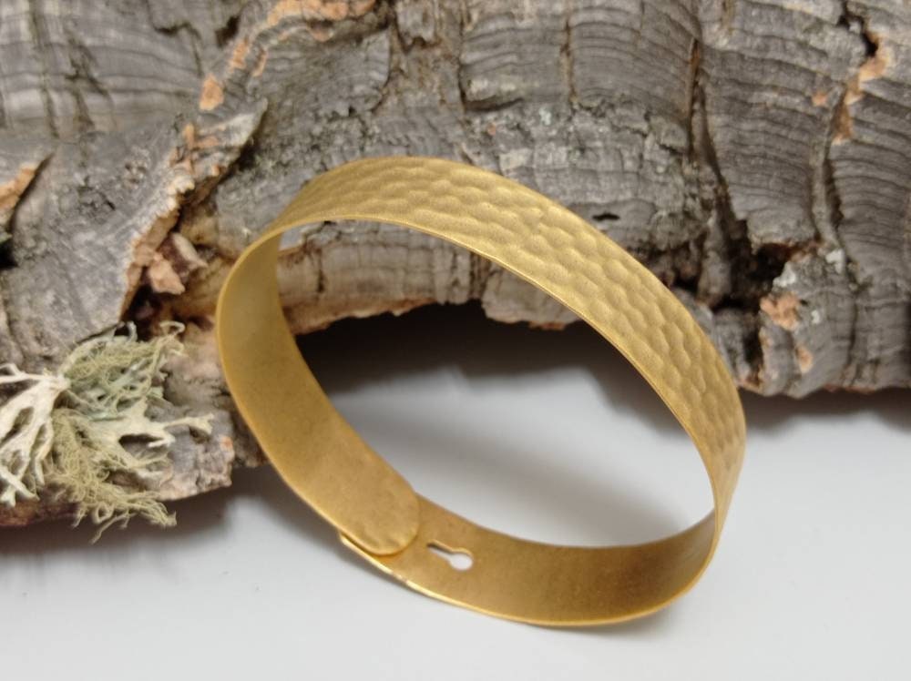 Hammered Gold Plated Brass Bangle Bracelet, Turkish Design, Adjustable Cuff, Matte Finish