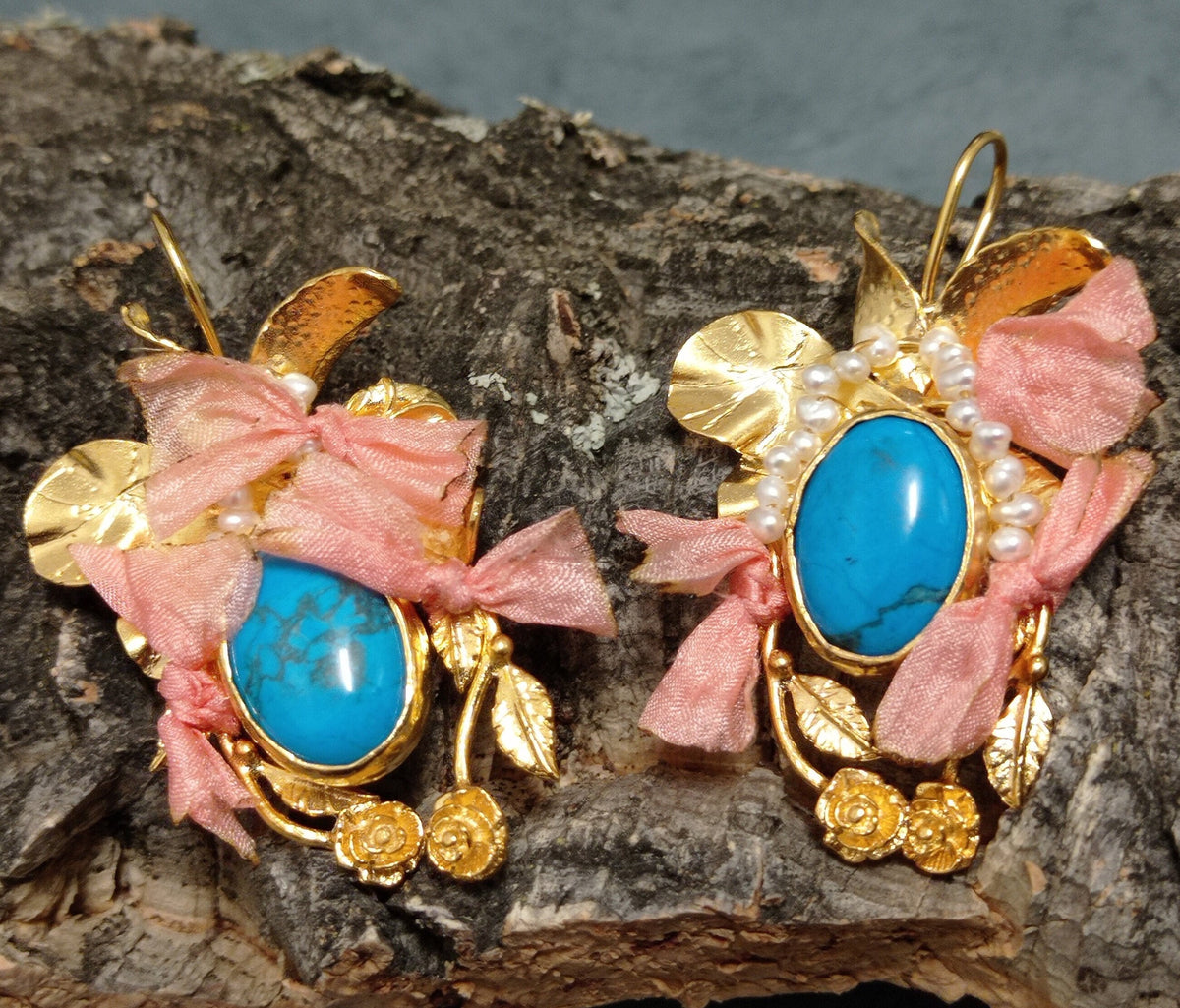 Gold Plated Brass Turquoise Pearl Earrings with Salmon Silk – Hypoallergenic Dangle Jewelry