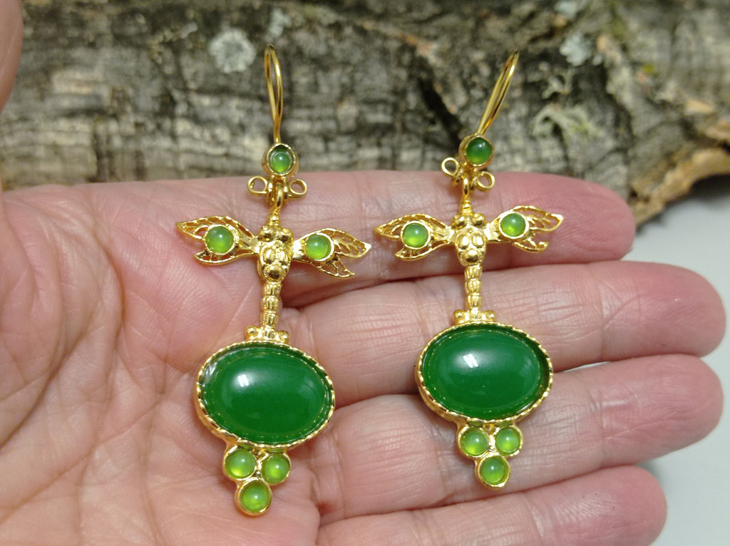 Exquisite Gold Plated Dragonfly Green Agate Ottoman Chandelier Earrings