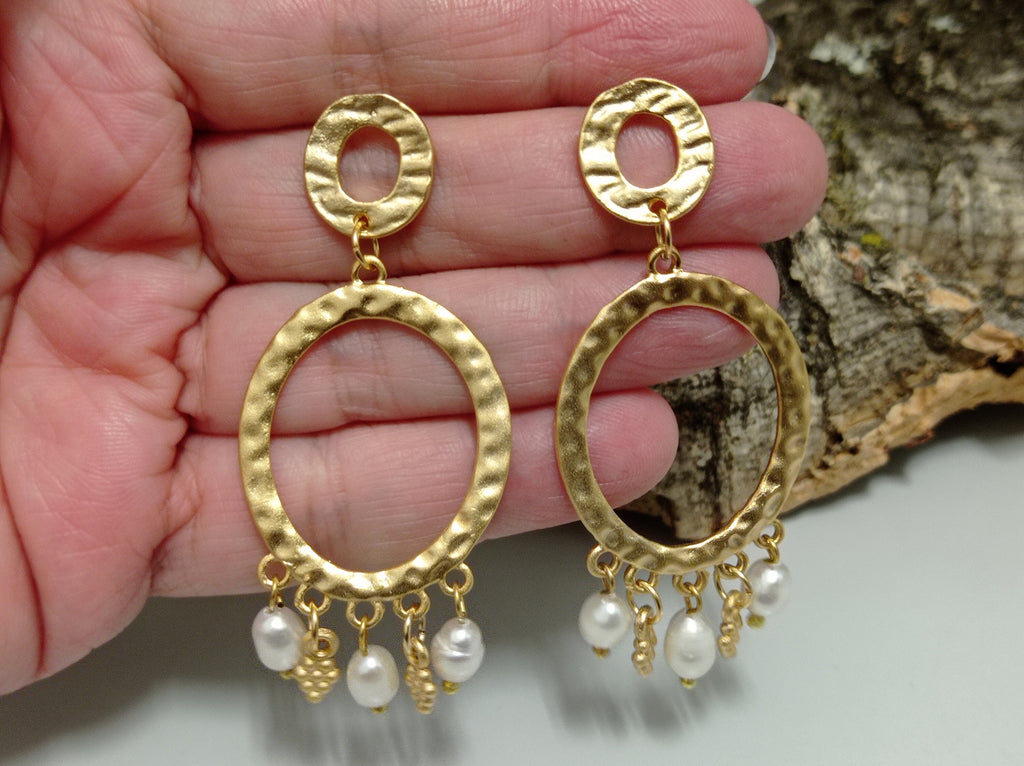 Handcrafted Turkish Hoop Pearl Earrings, Gold Plated Brass Studs, Hypoallergenic Daily Wear
