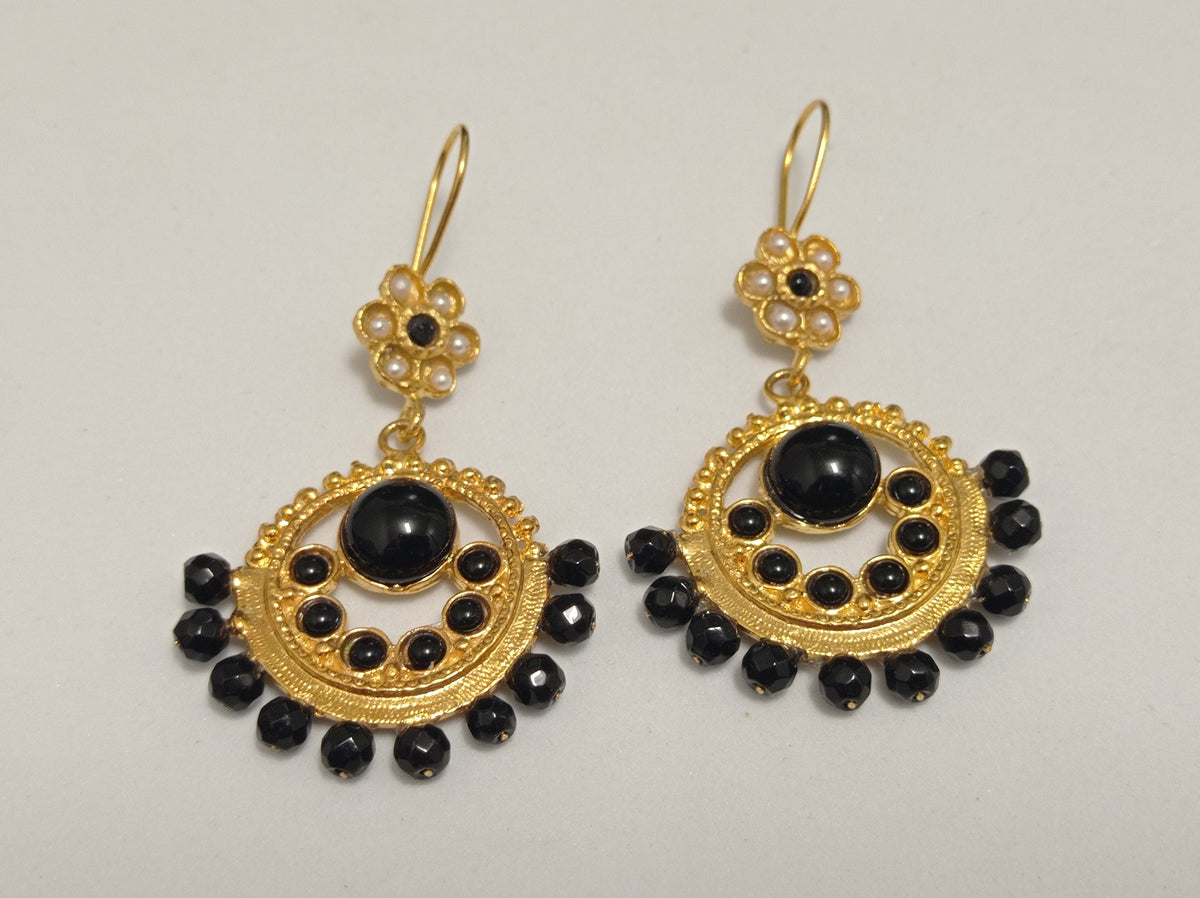 Gold Plated Chandelier Earrings with Black Agate and Pearl – Ottoman Style Dangle Hypoallergenic Brass