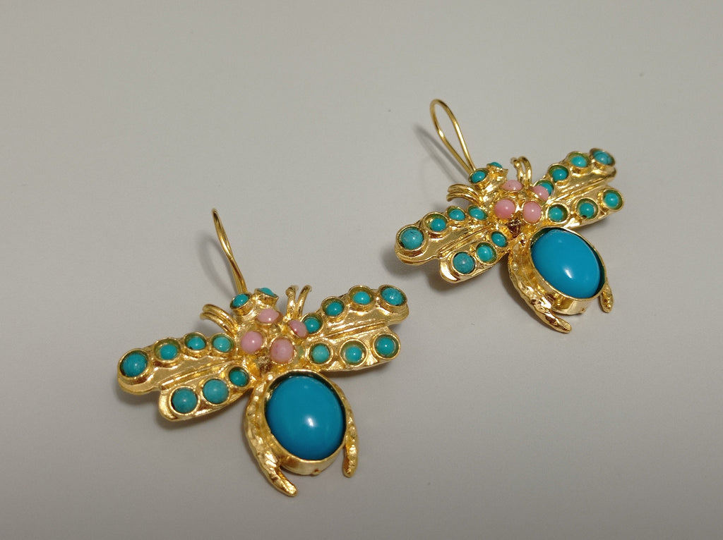 Turkish Dragonfly Chandelier Earrings, Turquoise Coral Pearl, Ottoman Hook Gold Plated