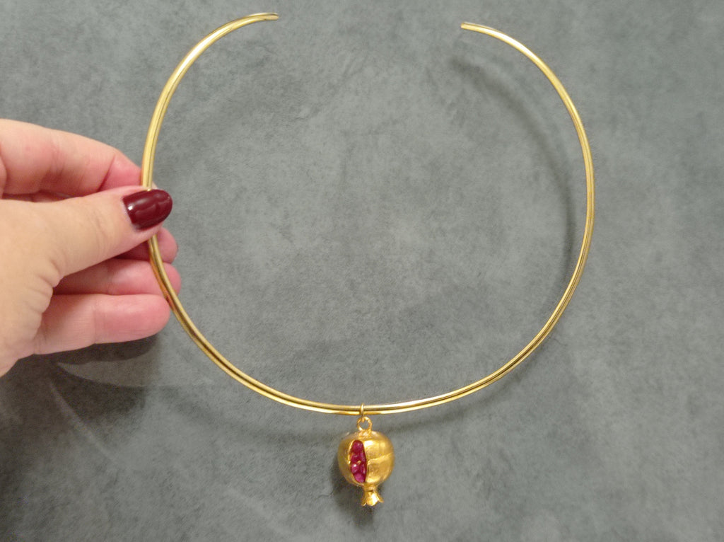 Handcrafted Turkish Jewelry: Intricate Pomegranate Choker with Gold Plated Charm and Pulished Brass Torc