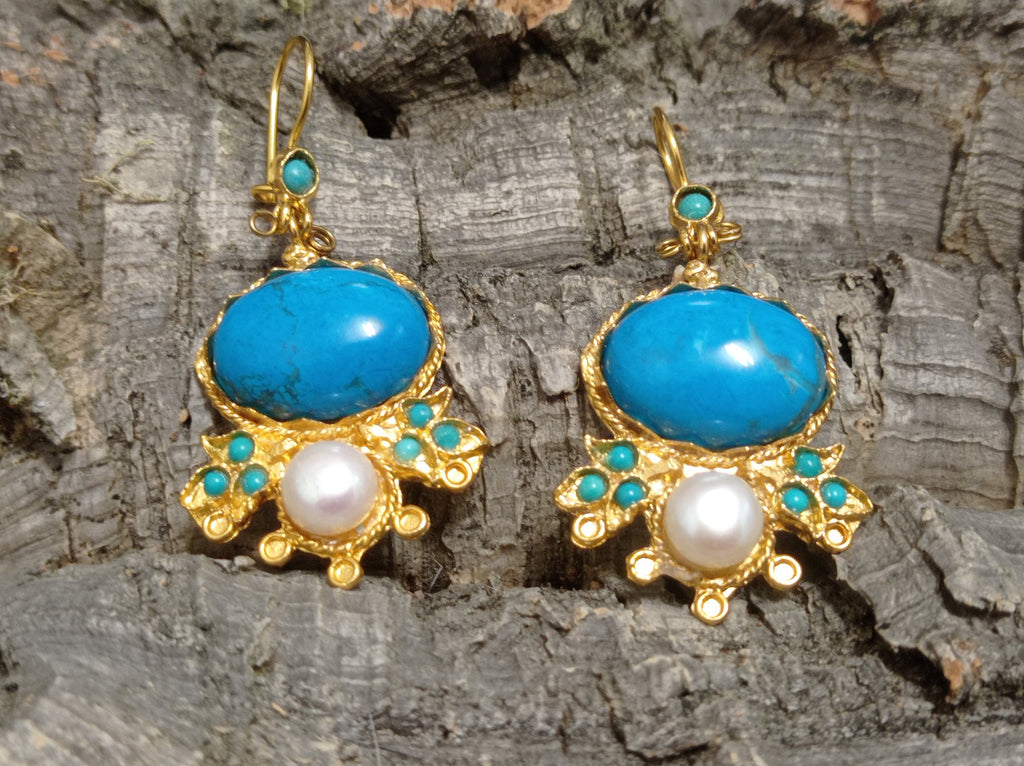 Antique Ottoman Turkish Style Chandelier Earrings – Blue Howlite, Pearl, Gold Plated Brass
