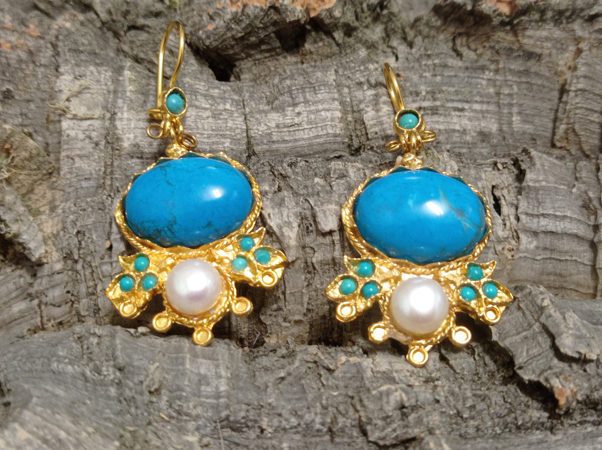 Antique Ottoman Turkish Style Chandelier Earrings – Blue Howlite, Pearl, Gold Plated Brass