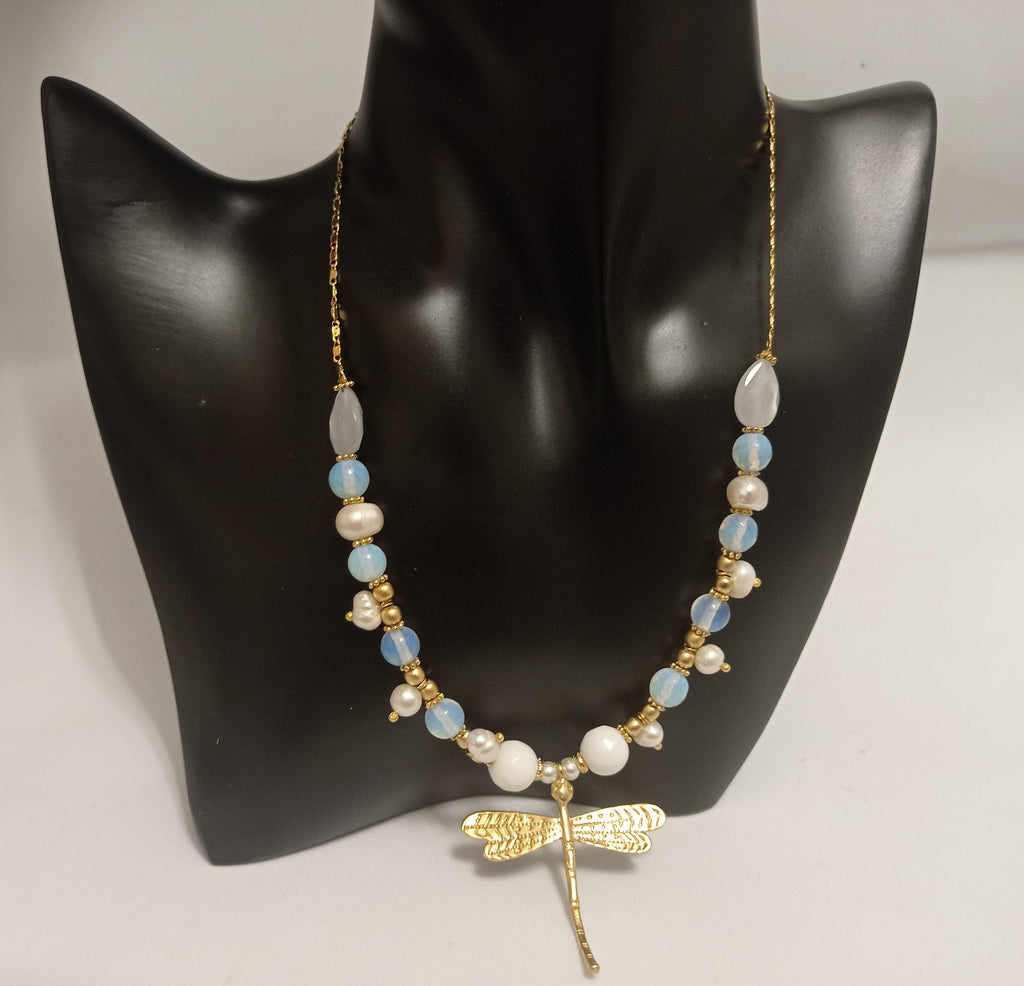 Gold Plated Dragonfly Necklace, Real Pearl, White Jade, Cat Eye, Symbol of Prosperity