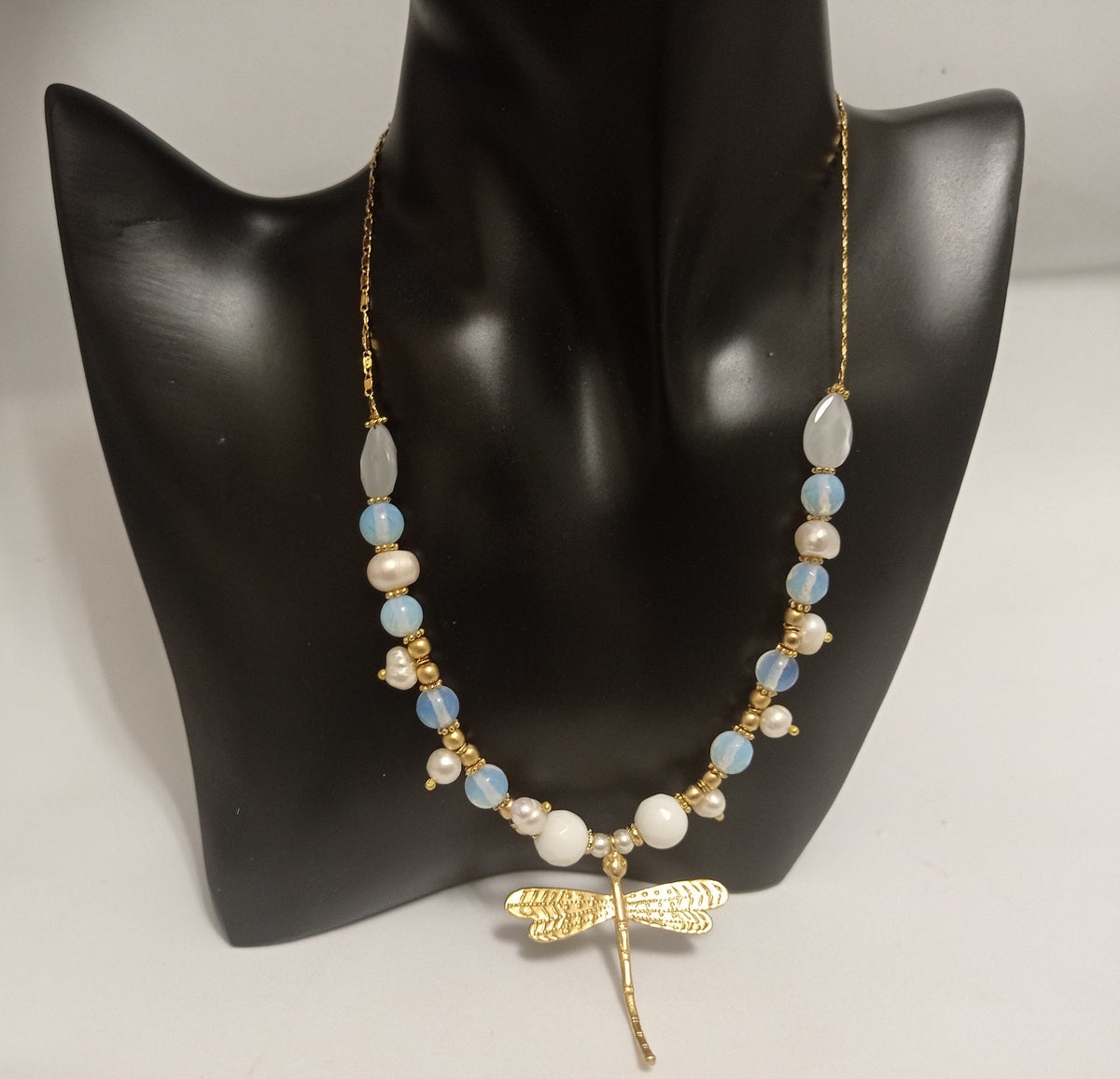 Gold Plated Dragonfly Necklace, Real Pearl, White Jade, Cat Eye, Symbol of Prosperity
