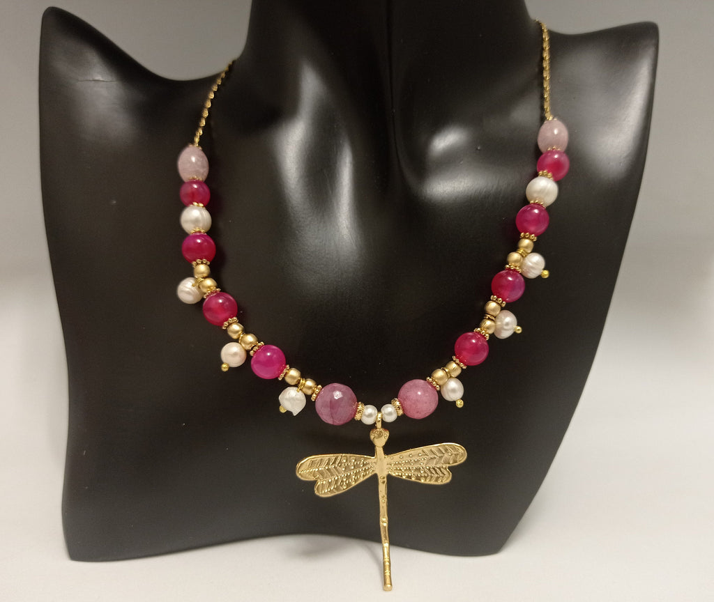 Gold Plated Brass Dragonfly Necklace, Rose Quartz, Agate, Pearl Beads, Prosperity Symbol