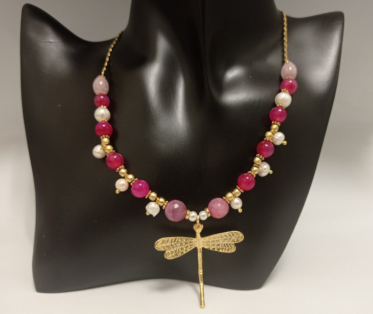 Gold Plated Brass Dragonfly Necklace, Rose Quartz, Agate, Pearl Beads, Prosperity Symbol